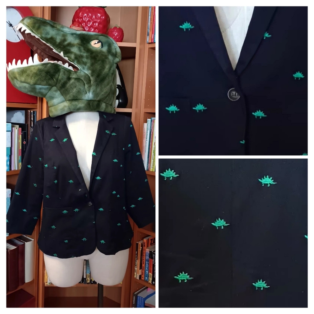 Modcloth "Legendary Lifestyle" Embroidered Blue Dinosaur Blazer Jacket